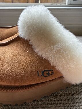 UGG Chestnut Suede Shearling Mule with Ivory Fur Cuff
